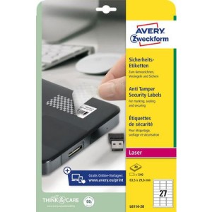 (obrázek pro) Samolepicí etikety Avery Zweckform s ochranou proti manipulaci, šachovnice, matné, bílé, 63,5 x 29,6 mm